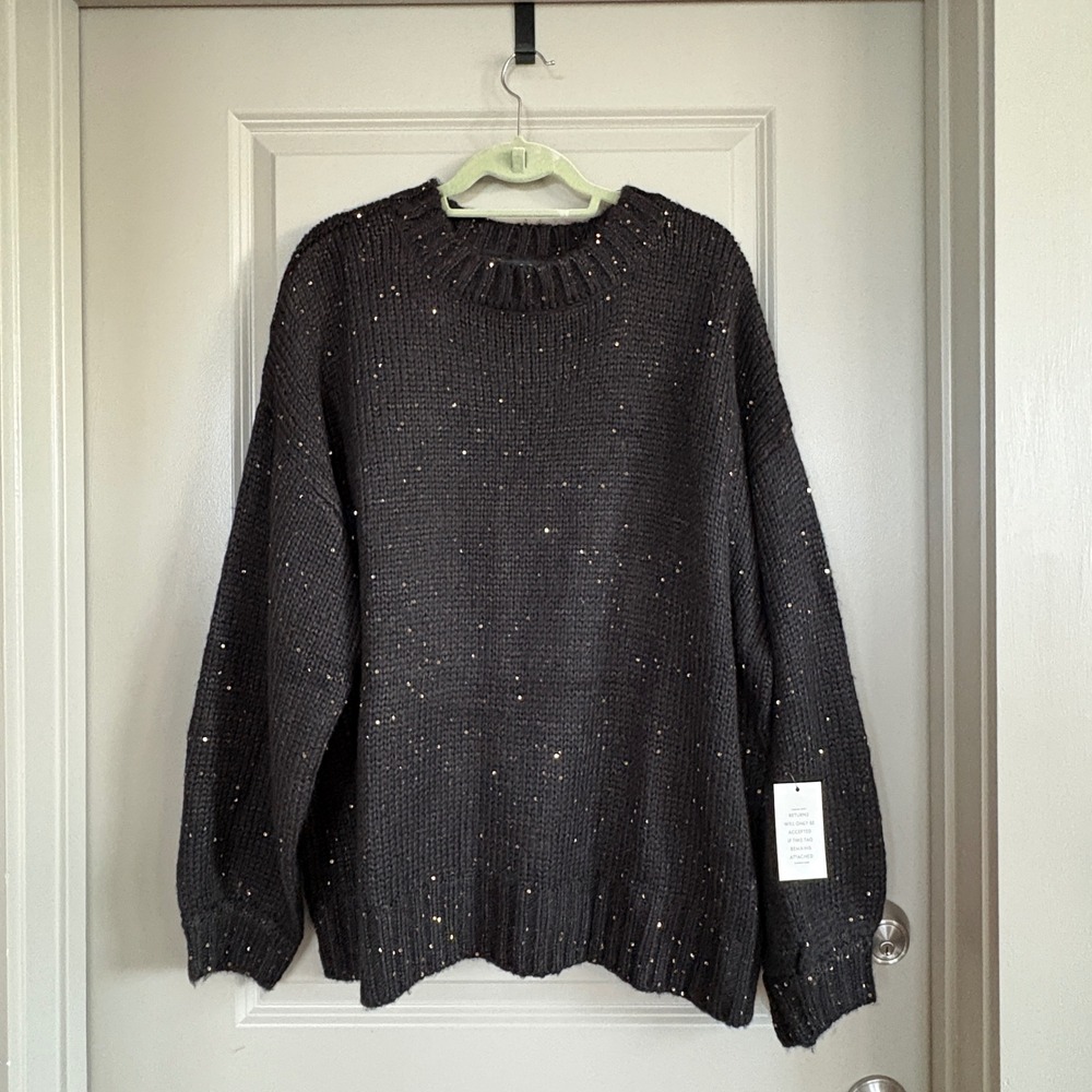 Eloquii Sequin Chunky Knit Oversized Sweater Gold Sparkle Black 18/20